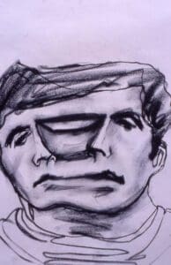 A drawing of a man with a strange face.