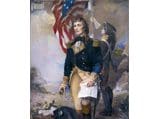 A painting of a man in military uniform holding an american flag.