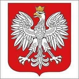 A red and white coat of arms with a bird on it.