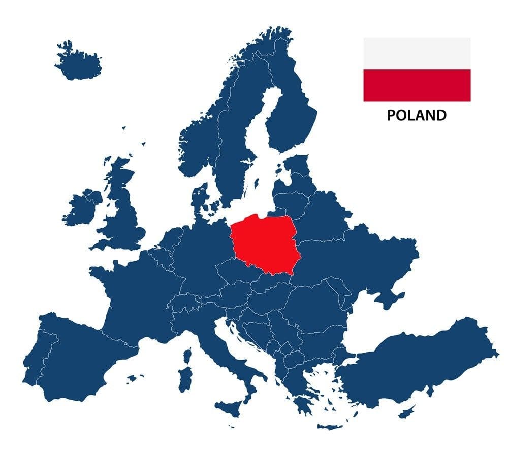 A map of europe with the flag of poland on it.