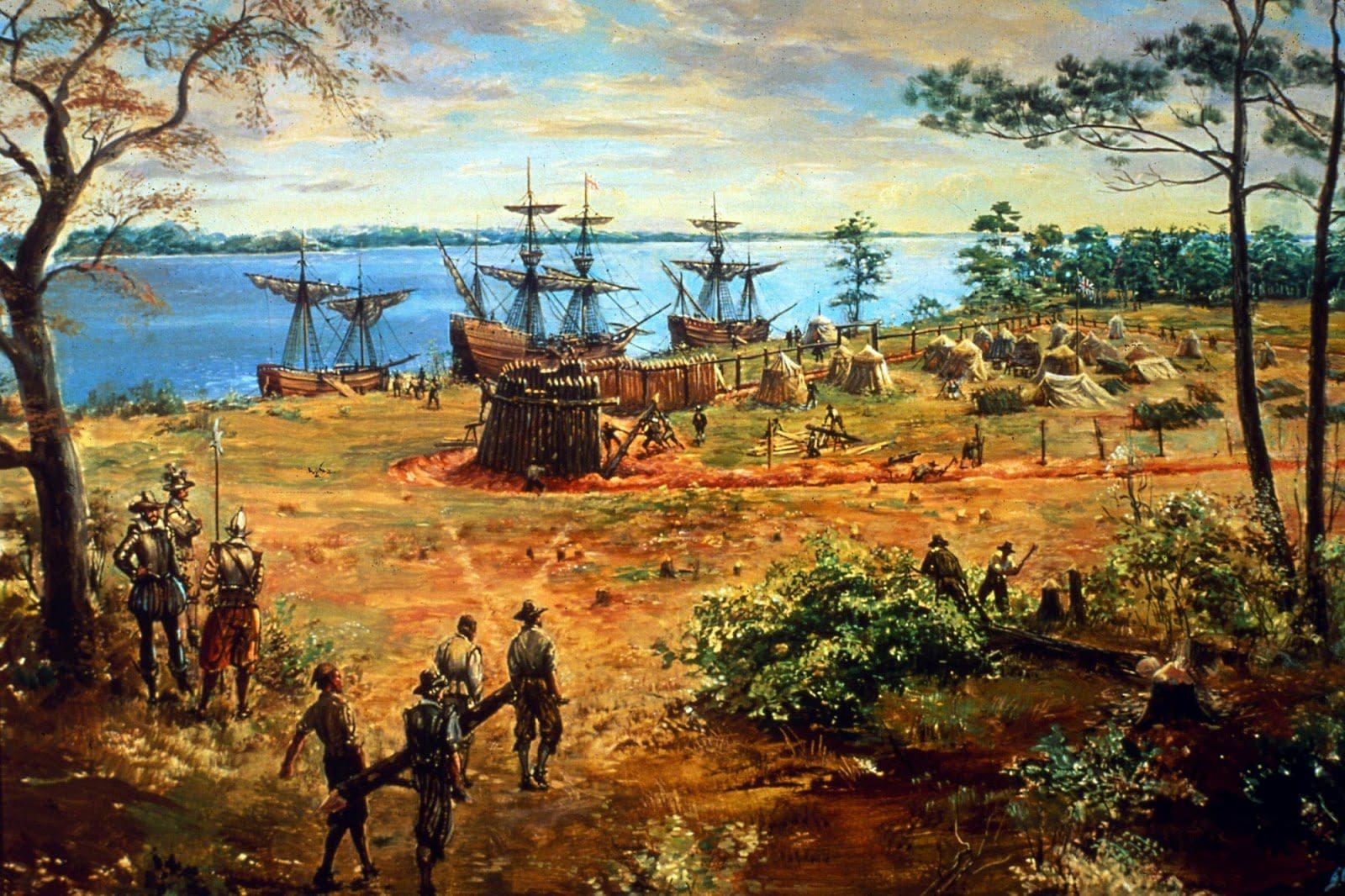 A painting of people on the beach and ships in the water.