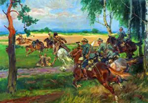 A painting of men on horseback in the field.