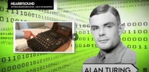 Alan Turing with a binary code background.