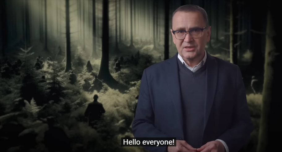 Man in suit speaking in front of forest.