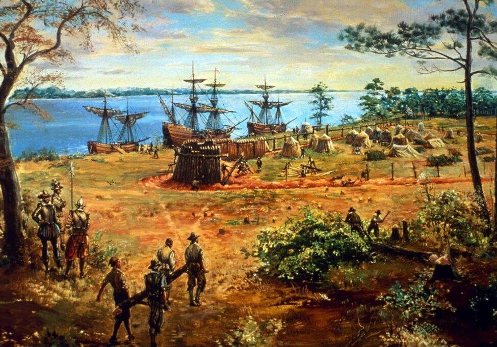 A painting of people on the beach and ships in the water.