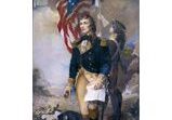 A painting of a man in military uniform holding an american flag.