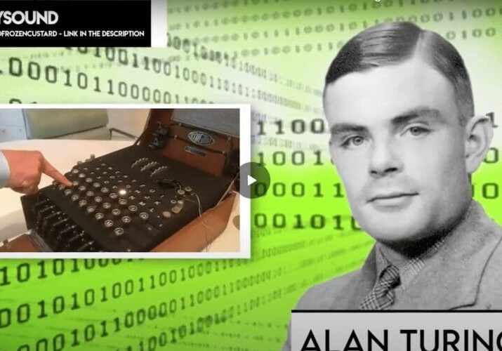 Alan Turing with a binary code background.